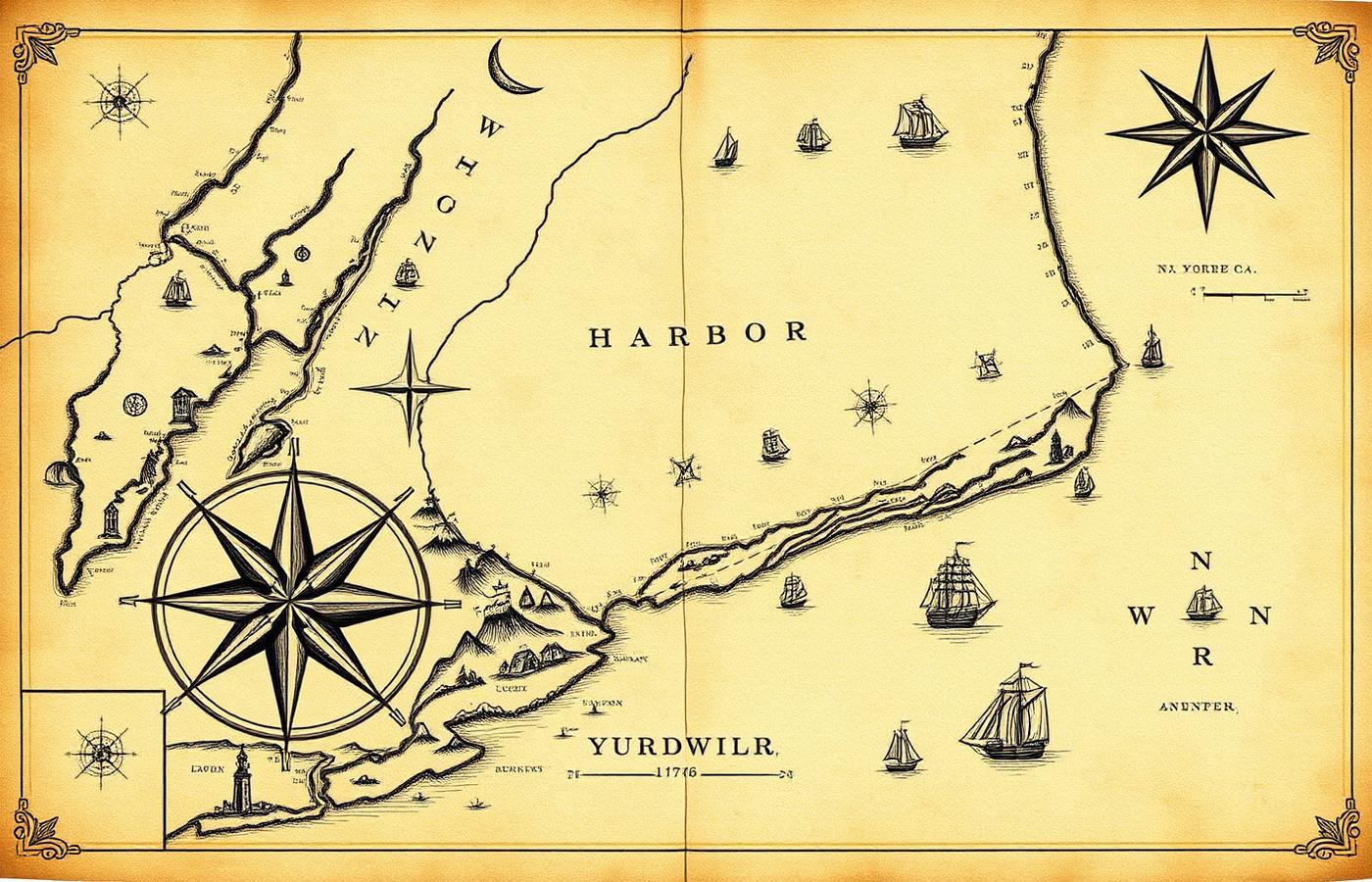 Vintage-styled 1776 chart of New York harbor with compass rose and tall ships
