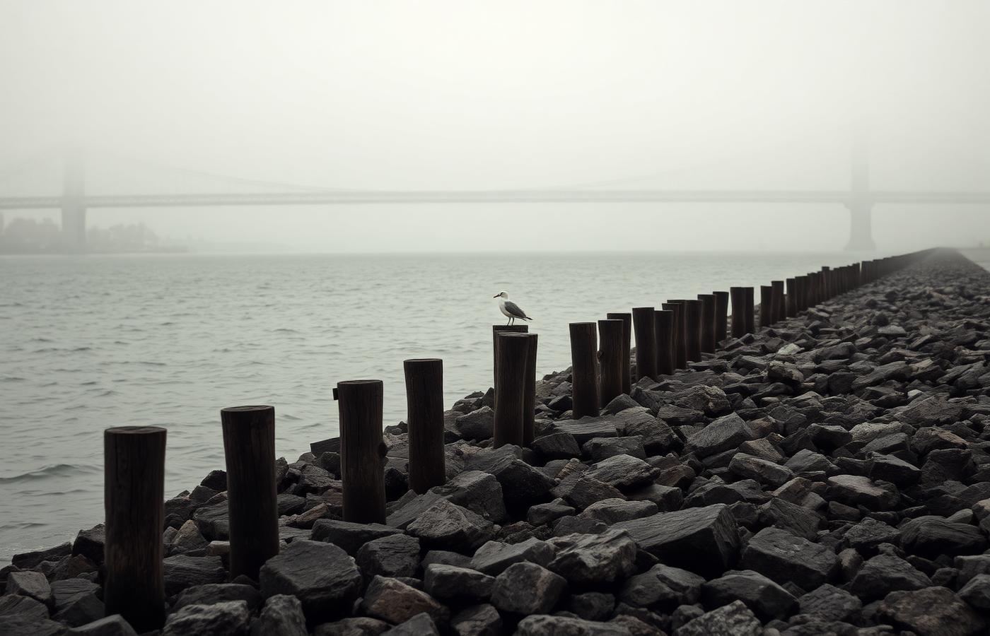 Fog-bound rocky shoreline with weathered pilings and a distant bridge silhouette