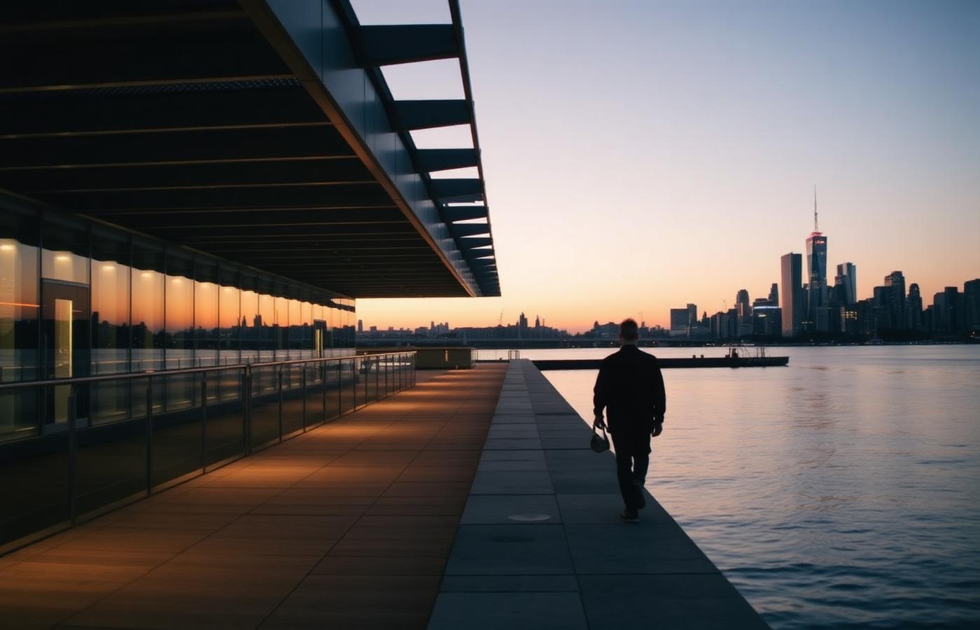 A walker on a modern NYC waterfront esplanade at dusk with skyline in the distance